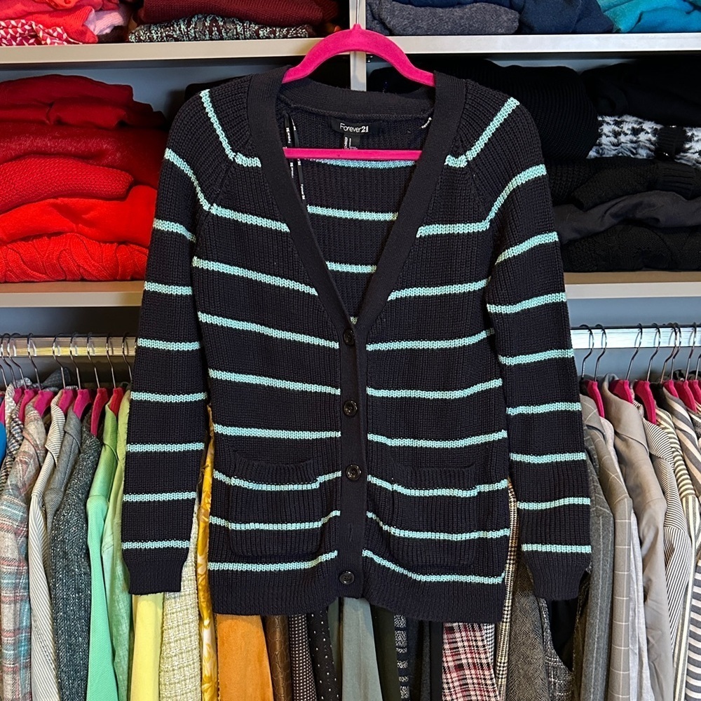 Forever 21 navy/turquoise long sleeve v neck cardigan size S
